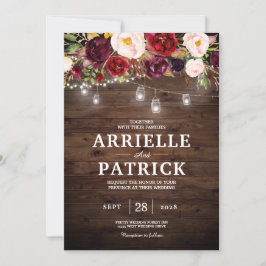 Rustikales Holz-Burgund-Blumenleuchten Einladung