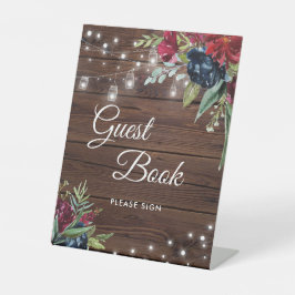 Rustikales Holz Burgund Blumenleuchten Gästebuchsi Sockelschild