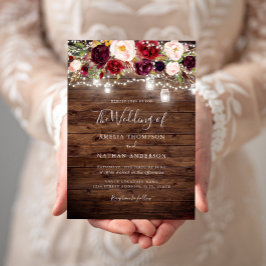 Rustikales Holz Burgund Blumenleuchten Hochzeit Einladung