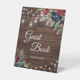 Rustikales Holz Burgund Blumenleuchten Hochzeit Sockelschild