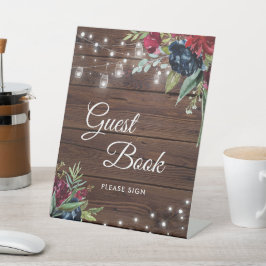 Rustikales Holz Burgund Blumenleuchten Hochzeit Sockelschild