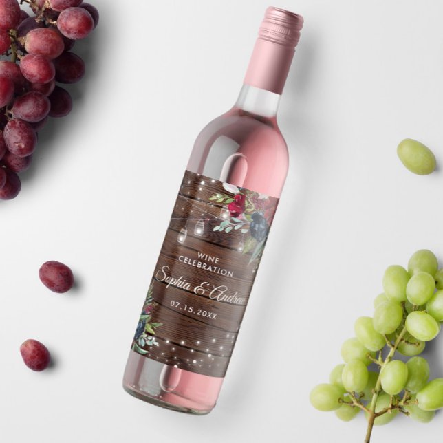 Rustikales Holz Burgund Blumenleuchten Hochzeit Weinetikett (Von Creator hochgeladen)