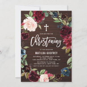 Rustikales Holz Burgund Blumenreath Christening Einladung