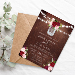 Rustikales Holz Burgund Blush Pink Rose Mason Jar Einladung