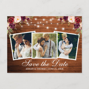 Rustikales Holz Burgund Floral 3 Foto Save the Dat Einladungspostkarte