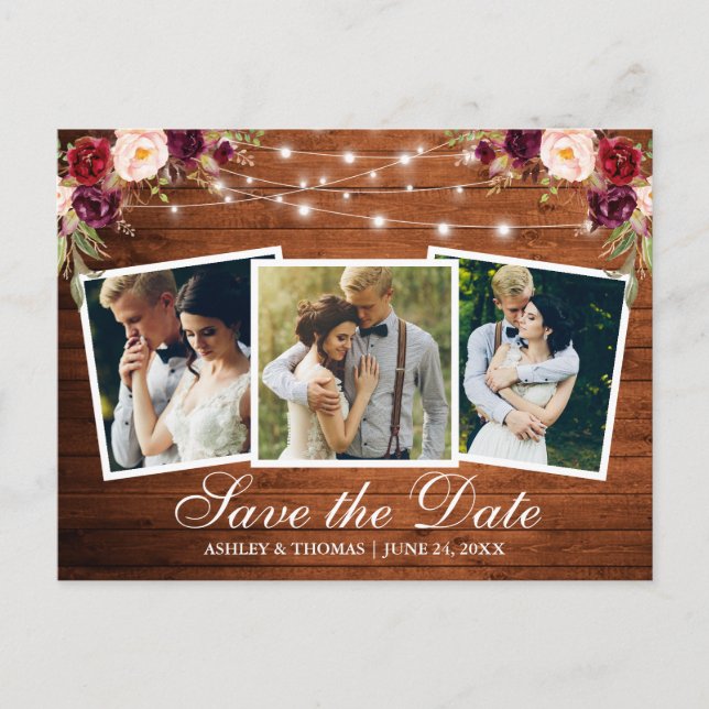 Rustikales Holz Burgund Floral 3 Foto Save the Dat Einladungspostkarte (Vorderseite)