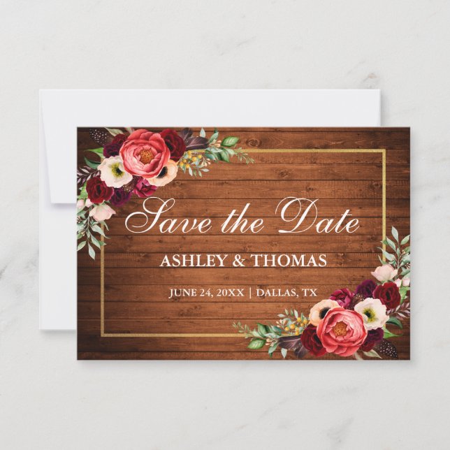 Rustikales Holz Burgund Floral Boho Save the Date (Vorderseite)