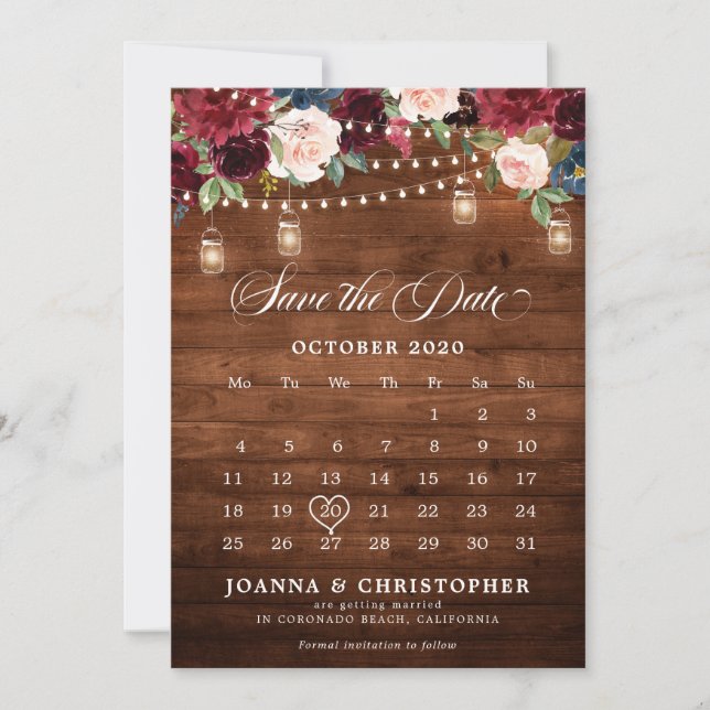 Rustikales Holz Burgund Floral Mason Jar Kalender Save The Date (Vorderseite)