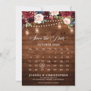 Rustikales Holz Burgund Floral Mason Jar Kalender Save The Date