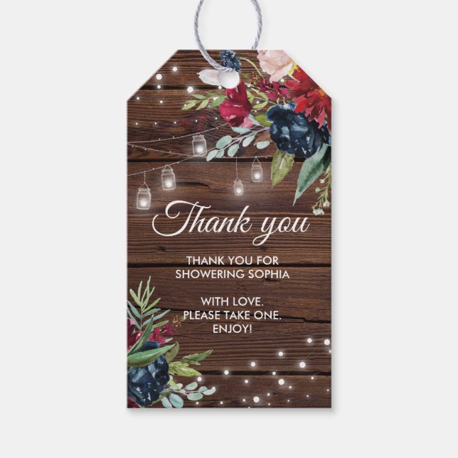 Rustikales Holz Burgunder Blumenleuchten Brautpart Geschenkanhänger (Vorderseite)