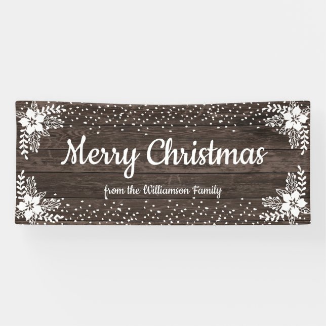 Rustikales Holz Custom Floral Schnee Weihnachtsfes Banner (Horizontal)