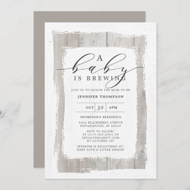 Rustikales Holz, das ein Baby braut, Babydusche Einladung (Vorne/Hinten)