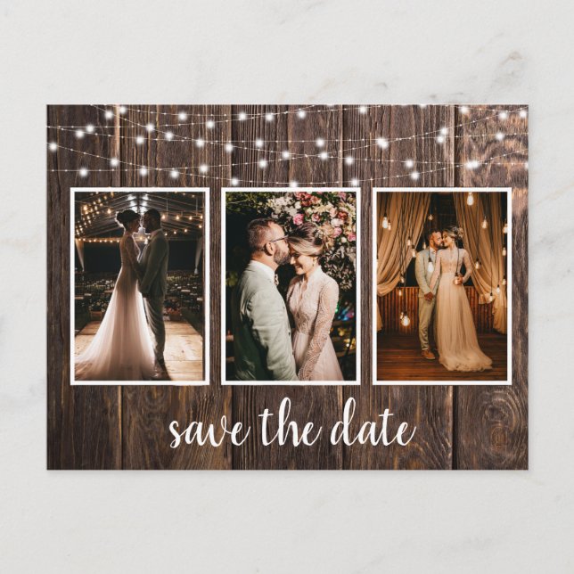 Rustikales Holz Drei-Foto-Leuchten Save the Date Postkarte (Vorderseite)