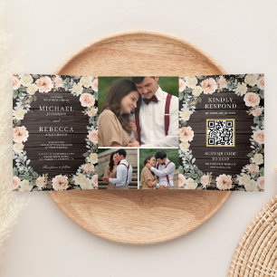 Rustikales Holz Dusty Peach Floral QR Code Hochzei Dreifach Gefaltete Einladung