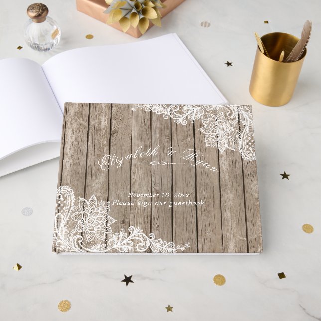 Rustikales Holz, elegante Spitzen, kundenspezifisc Gästebuch (Vorderseite Offen)