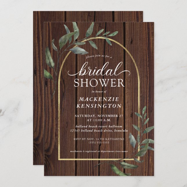 Rustikales Holz Eukalyptus Gold Arch Brautparty Einladung (Vorne/Hinten)
