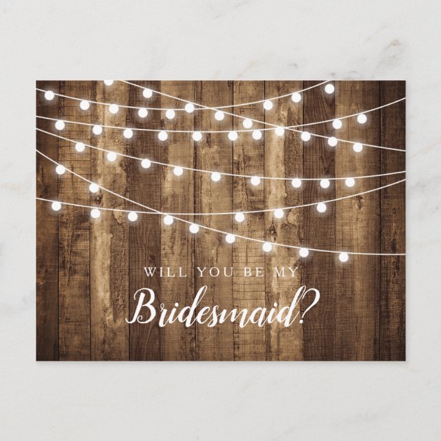 Rustikales Holz & Fairy Lights Bridesmaid Vorschla Postkarte (Vorderseite)