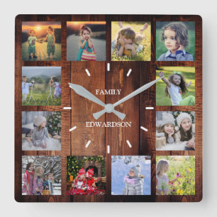 Rustikales Holz Familienname Collage Monogram Name Quadratische Wanduhr