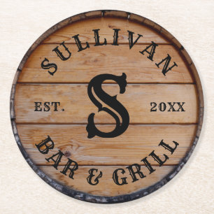 Rustikales Holz Familienname Monogramm Anfangsbuch Runder Pappuntersetzer