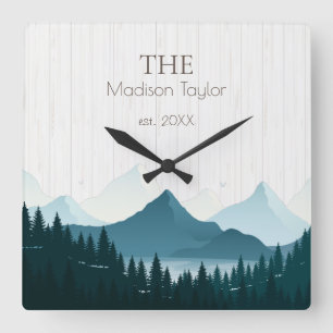 Rustikales Holz - Familienname Quadratische Wanduhr