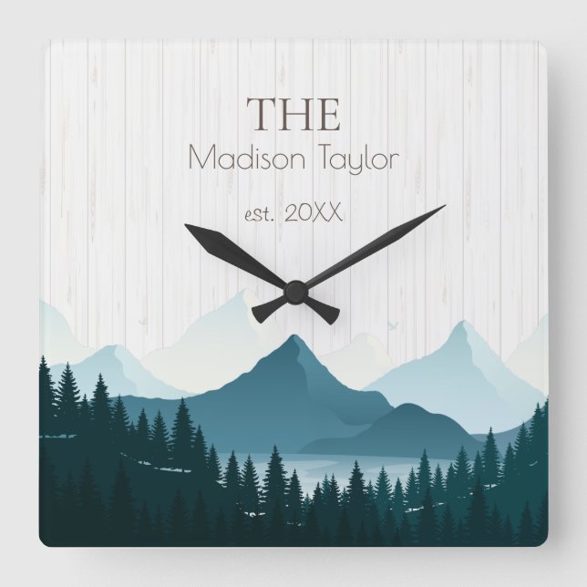 Rustikales Holz - Familienname Quadratische Wanduhr (Vorderseite)