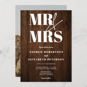 Rustikales Holz fett Mr. Mrs. script Foto Hochzeit Einladung