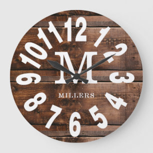 Rustikales Holz fett Zahlen Familienname Monogram Große Wanduhr