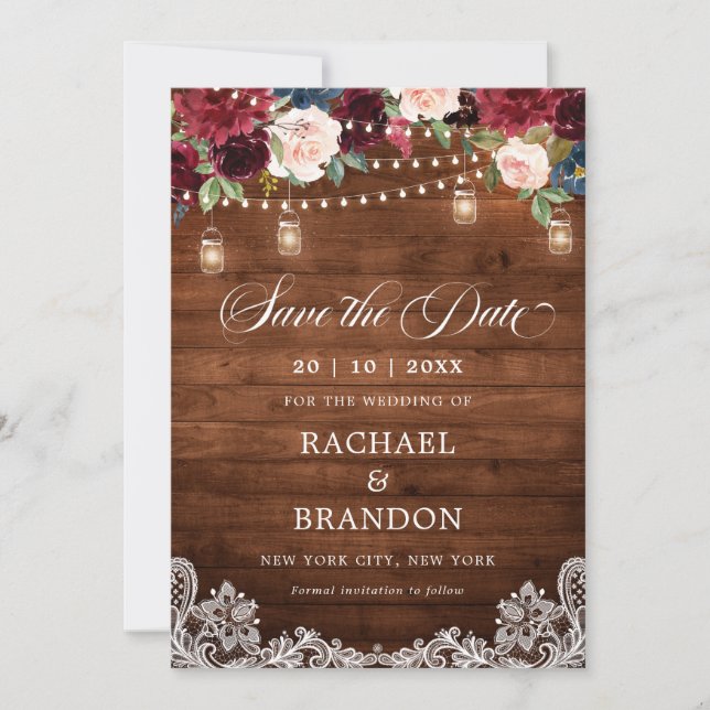 Rustikales Holz Floral Mason Jar Save the Date (Vorderseite)