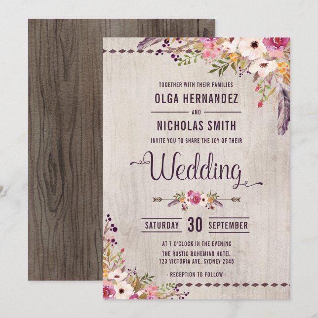 Rustikales Holz Floral Wedding Einladung Boho Part (Vorne/Hinten)