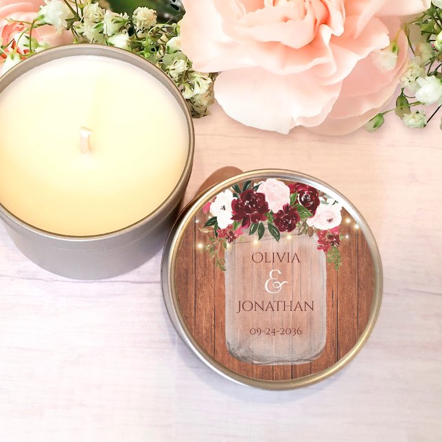 Rustikales Holz florale Mason Jar Lights Hochzeit Runder Aufkleber (Von Creator hochgeladen)