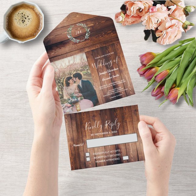 Rustikales Holz Foto Aquarell Blätter Hochzeit All In One Einladung (Von Creator hochgeladen)