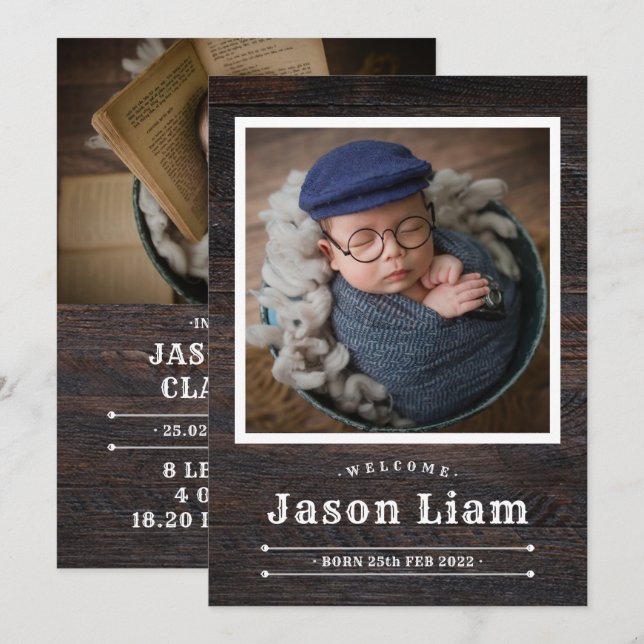 Rustikales Holz Foto Custom Cowboy Neugeborener Ju Ankündigung (Vorne/Hinten)