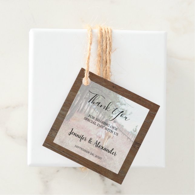 Rustikales Holz Foto Land Hochzeit Vielen Dank Geschenkanhänger (Beispiel)