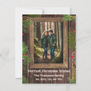 Rustikales Holz-Foto mit Kiefernbaum individuell Feiertagskarte