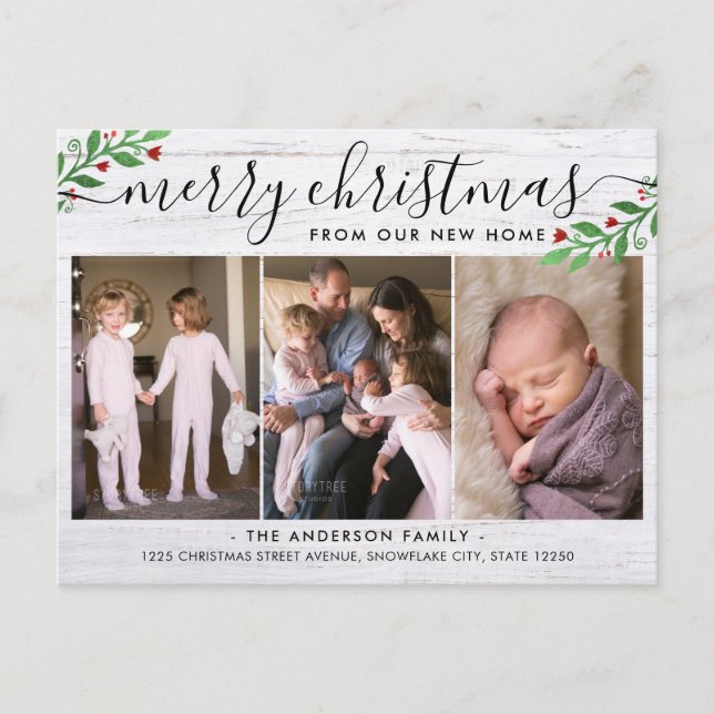 Rustikales Holz Frohe Weihnachten 3 Foto Urlaub Be Ankündigungspostkarte (Vorderseite)