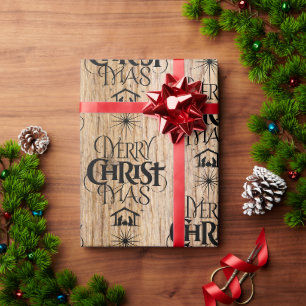 Rustikales Holz frohe Weihnachtswald Christlich Geschenkpapier