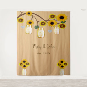 Rustikales Holz Gelbe Blumenmason Jar Foto Hinterg Wandteppich