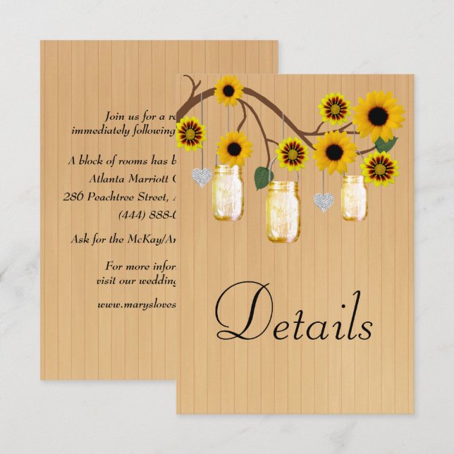 Rustikales Holz Gelbe Blumenmason Jars Details Begleitkarte (Vorne/Hinten)
