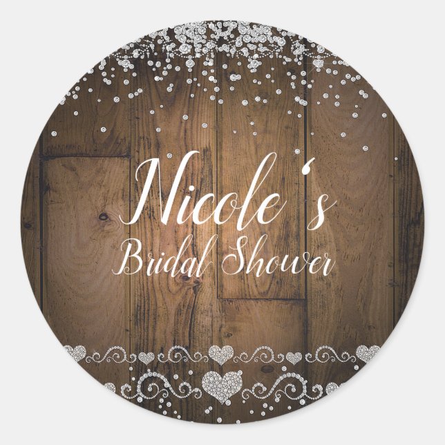 Rustikales Holz Glam Diamonds Glitzer Gastgeschenk Runder Aufkleber (Vorderseite)