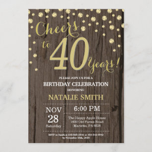 Rustikales Holz Gold 40. Geburtstag Diamant Einladung