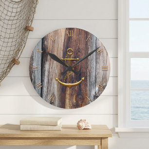Rustikales Holz-Gold-Anker-Uhr Runde Wanduhr