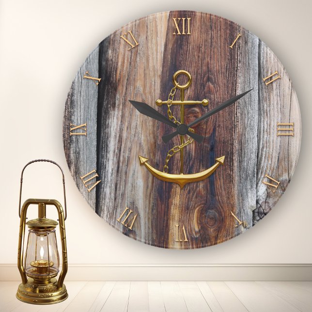 Rustikales Holz-Gold-Anker-Uhr Runde Wanduhr (Nautical wall clock featuring a golden anchor and roman numbers (optional) on rustic driftwood)