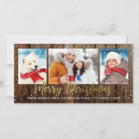Rustikales Holz Gold Frohe Weihnachtsfoto-Karten