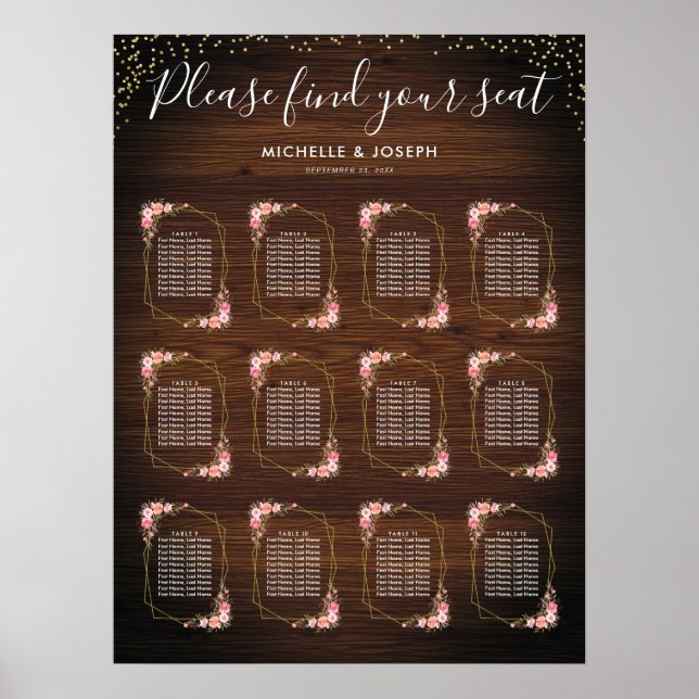 Rustikales Holz Gold Rosa Blütensitzplan Poster (Vorne)