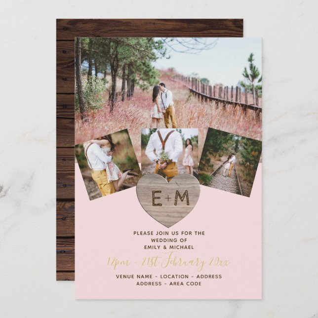 Rustikales Holz graviert Herz FOTO COLLAGE Einladung (Vorne/Hinten)