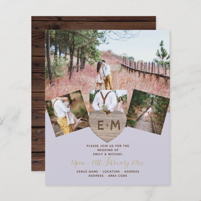 Rustikales Holz graviert Herz FOTO COLLAGE Invitat (Vorne/Hinten)
