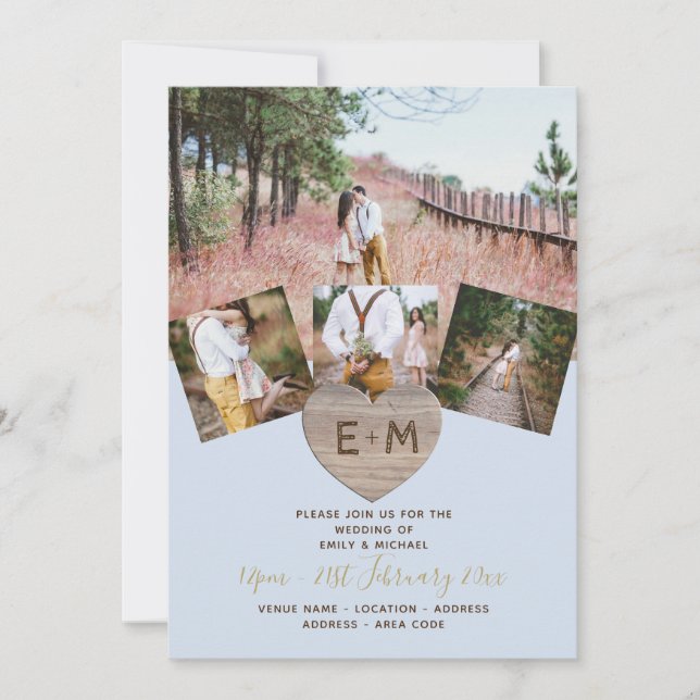 Rustikales Holz graviert Herz FOTO COLLAGE Invitat Einladung (Vorderseite)