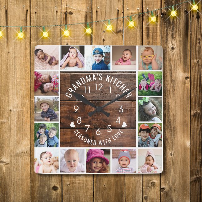 Rustikales Holz Großmutter's Küche 16 FotoCollage Quadratische Wanduhr (Rustic Wood Grandma's Kitchen 16 Photo Collage Square Wall Clock)