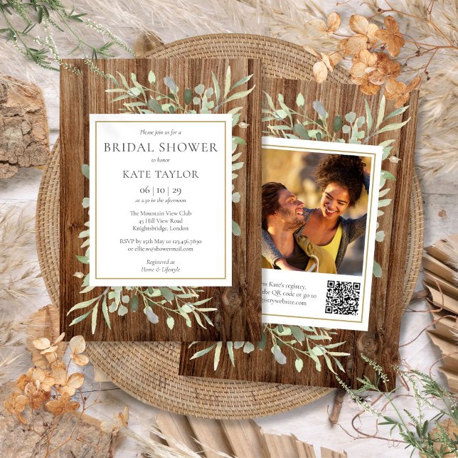 Rustikales Holz Grüne QR Code Foto Brautparty Einladung (Rustic Wood Greenery QR Code Photo Bridal Shower Invitation)