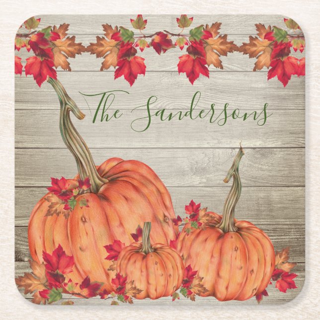 Rustikales Holz Herbst Orange Pumpkins Herbstlaub  Rechteckiger Pappuntersetzer (Vorderseite)